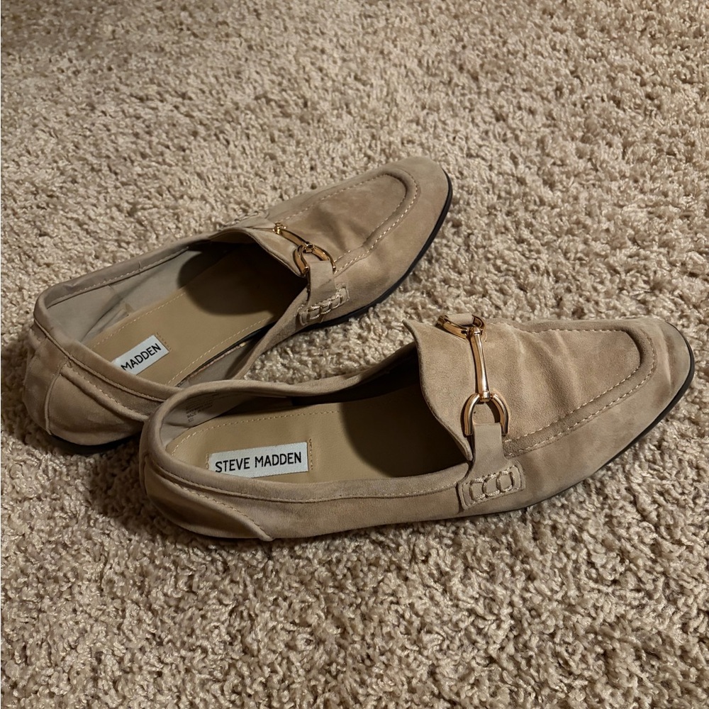 Steve Madden Beige Suede Loafers with Gold Detail